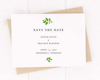 Save the date template, Minimalist green leaves, Editable template, Digital download Corjl, Summer wedding invites, Rustic botanical style