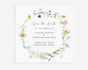 Wildflower Save the date | Floral Save the date card | Editable template | Corjl | Meadow flower wreath | Wedding invitation | 5x5 in | 011