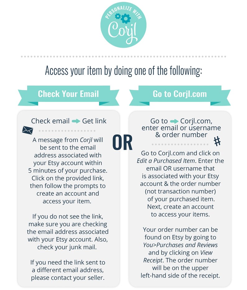 May include: A turquoise and white graphic with the text "PERSONALIZE WITH Cory!" in a circle. The graphic shows two options for accessing a purchased item: "Check Your Email" and "Go to Corjl.com". The graphic explains how to access a purchased item by checking email or by going to the Corjl website and entering an email address, username, and order number.