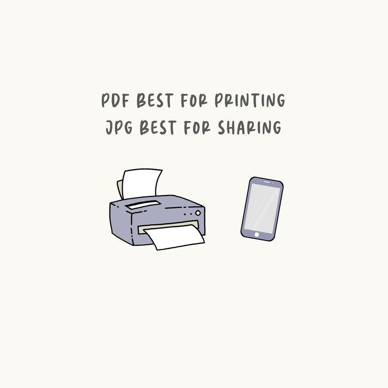 May include: A simple illustration of a printer and a smartphone with the text "PDF BEST FOR PRINTING JPG BEST FOR SHARING" above them.