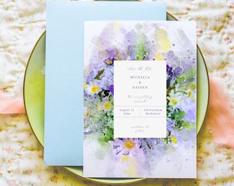 Daisies Save the Date Card, Editable Template Corjl, Lush Purple Bouquet, Rustic Watercolor Florals, Lilac Flowers, Modern Greenery, Digital