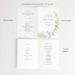 May include: Wedding ceremony program with a floral design on the front cover. The program includes the order of the ceremony and a list of the wedding party. The text on the front cover reads "Welcome to the wedding of Virginia and Jeremy 06-04-2027 Hartford Church Cheam."