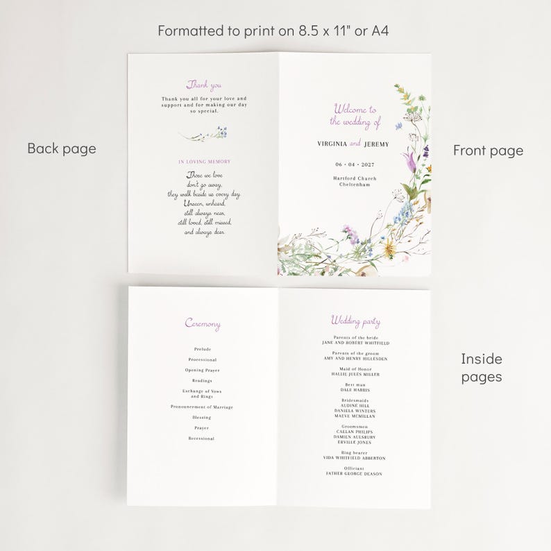 May include: Wedding ceremony program with a floral design on the front cover. The program includes the order of the ceremony and a list of the wedding party. The text on the front cover reads "Welcome to the wedding of Virginia and Jeremy 06-04-2027 Hartford Church Cheam."