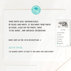 May include: A screenshot of a computer screen showing a photo editing tool with a black and white photo of a baby. The tool has options to add drop shadow, stroke, outer glow, opacity, rotation, and saturation. The saturation option is checked.
