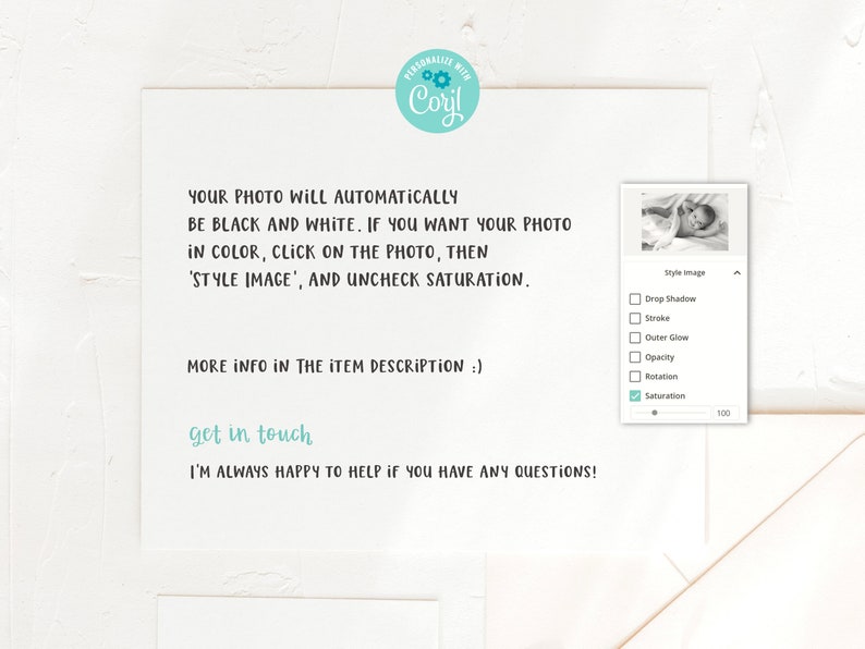 May include: A screenshot of a computer screen showing a photo editing tool with a black and white photo of a baby. The tool has options to add drop shadow, stroke, outer glow, opacity, rotation, and saturation. The saturation option is checked.