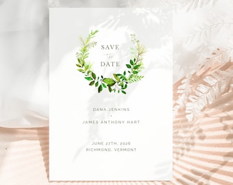 Green Save The Date Template, Editable Invitation, Corjl, Greenery Wreath, Modern Save the Date Card, Floral Green Foliage, Digital Download