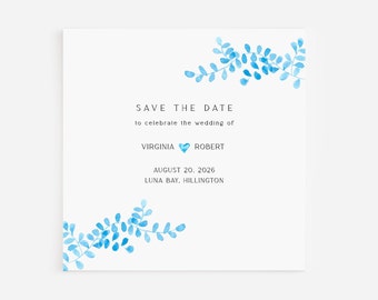 Blue Save the Date Template, Editable Invitation Corjl, Digital, Something Blue, Light Blue Leaves, Square Save the Date Card, Watercolor