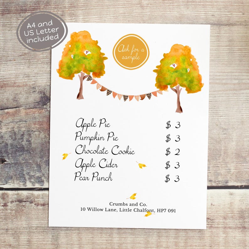 May include: A watercolour menu with autumnal illustrations. Two trees with orange and green leaves frame a banner. The menu lists apple pie, pumpkin pie, chocolate cookie, apple cider, and pear punch. Text includes "Ask for a sample" and "A4 and US Letter included."