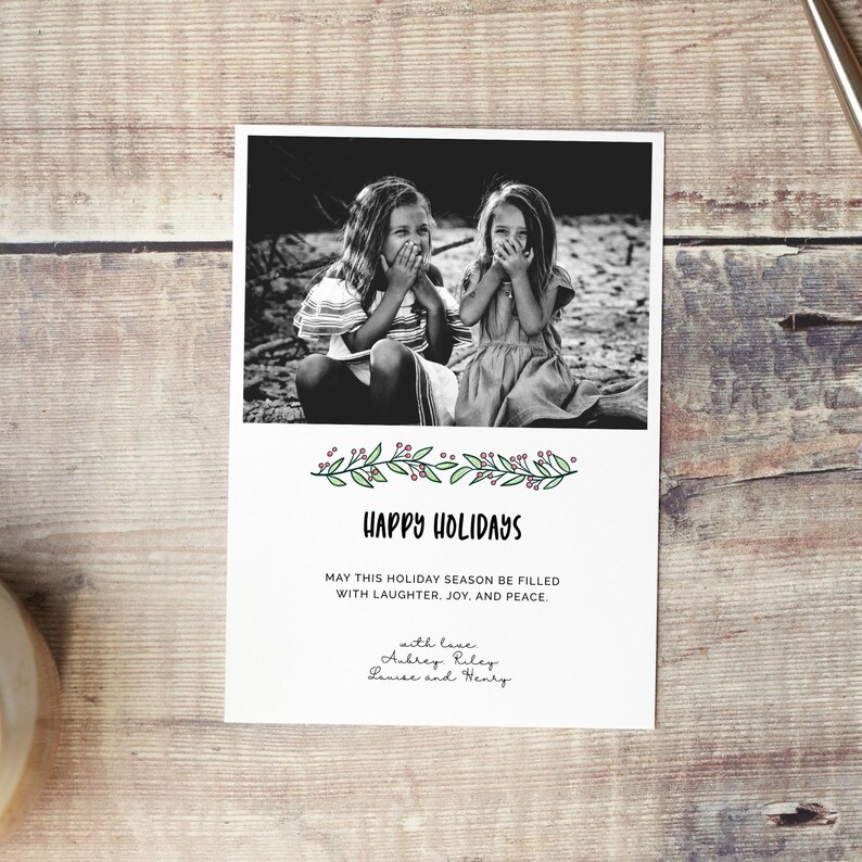 Christmas Card Template, Photo Christmas Card, Personalized Holiday Card, Editable Template, Hand Drawn Greenery, Black and White Photo image 1