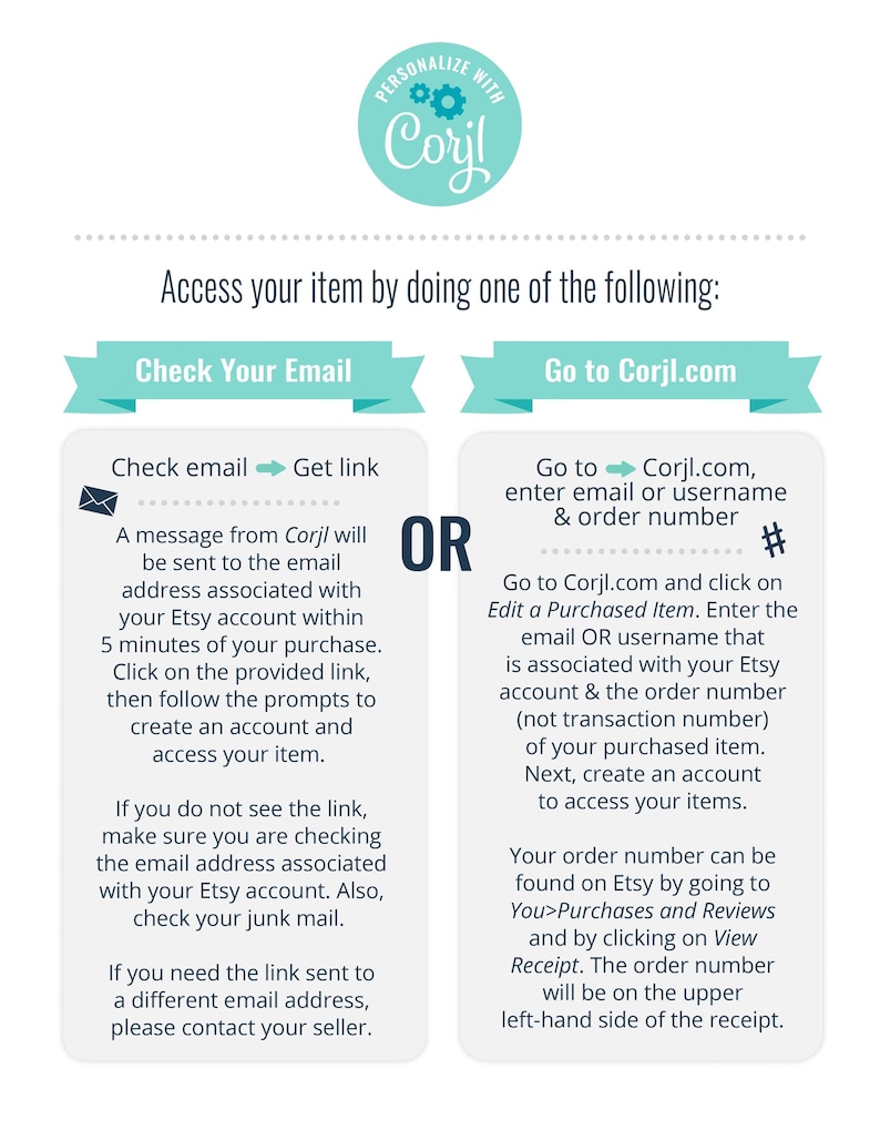 May include: A white graphic with instructions on how to access a purchased item. The text includes "Personalize with Corjl" and instructions to check email or go to Corjl.com to access the item.