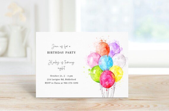Balloon Invitation | Birthday Invitation Template | Colorful Watercolor