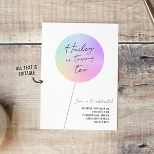 May include: A printable birthday party invitation with a rainbow balloon graphic. The text reads "Hailey is turning ten." The invitation includes the date, time, location, and RSVP information.