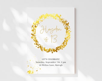 Birthday Invitation Template | Digital Download | 5x7 | Printable Party Invite | Editable Template | Golden Wreath | Edit All Text in Corjl