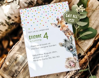 May include: A white invitation card with colorful confetti and watercolor illustrations of a giraffe, zebra, and monkey. The text reads "Join us to celebrate Etienne is turning 4". The event is at the Zoo Lavigne Garden.