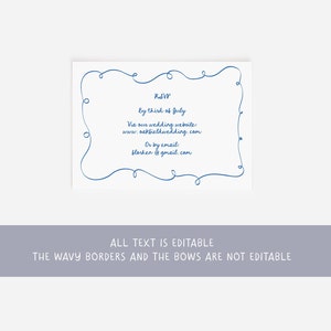 Bow Wedding Invitation Suite, Hand-Drawn Scribble Template, Editable Corjl, Handwritten Whimsical Invite RSVP Details Card, Blue Wavy Border image 6