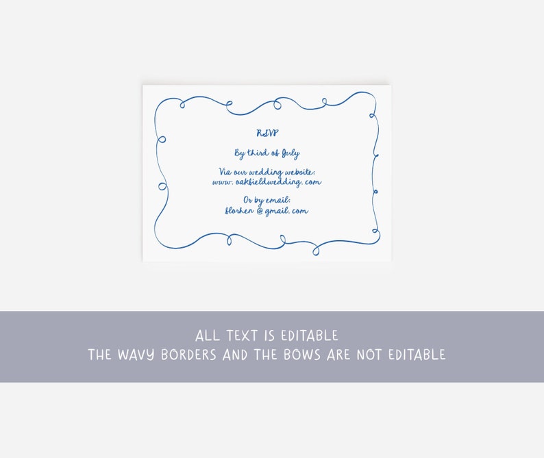 Bow Wedding Invitation Suite, Hand-Drawn Scribble Template, Editable Corjl, Handwritten Whimsical Invite RSVP Details Card, Blue Wavy Border image 6