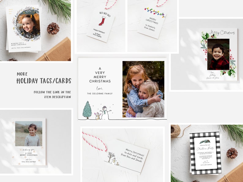 May include: A collection of Christmas cards and gift tags featuring various designs. Some cards feature photos of children, while others have illustrations of snowmen, reindeer, and Christmas lights. The text on the cards includes greetings like "Merry Christmas" and "Happy Holidays".