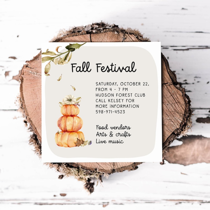 Fall Festival Invitation, Autumn Birthday Invitation Printable, Editable Template, Pumpkin Patch, Harvest Festivals, Halloween Party Invite image 1