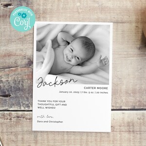 Birth Announcement Photo Template, Modern Newborn Card, Editable Template, Thank You Note with Picture, Welcome New Baby, Printable Card