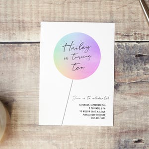 May include: A rainbow-colored balloon with the text "Hailey is turning ten" on it. The balloon is tied to a string. The text "Join us to celebrate!" is below the balloon. The text "SATURDAY, SEPTEMBER 5th 2 PM UNTIL 5 PM 10 WILLOW LANE, RALEIGH PLEASE RSVP TO HELEN 857-012-9632" is below the text "Join us to celebrate!"