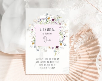 Wildflower Birthday Invitation | Pink Flower Invitation | Editable Template | First Birthday Invite | 4x6 | Printable Instant Download | 011