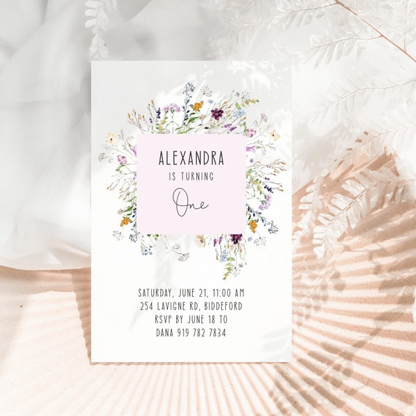 Wildflower Birthday Invitation | Pink Flower Invitation | Editable Template | First Birthday Invite | 4x6 | Printable Instant Download | 011