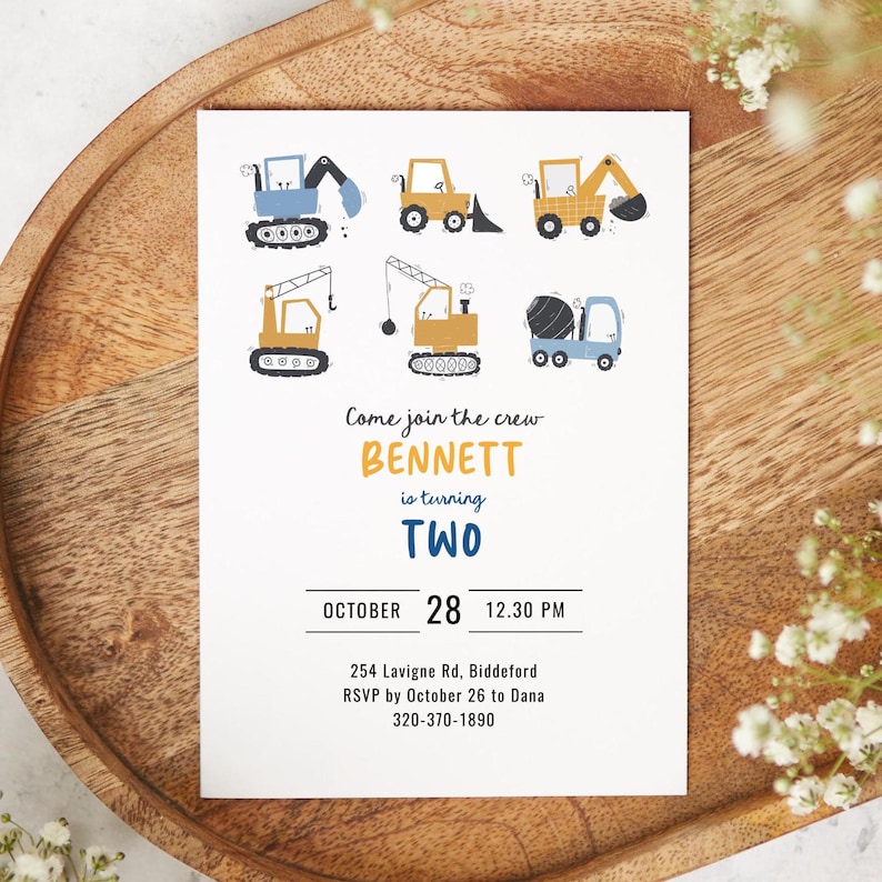 Boys Birthday Invitation, Construction Birthday Invitation, Editable Template, Join the Crew Turning Two, Blue Bulldozer Invite 2, Printable image 1