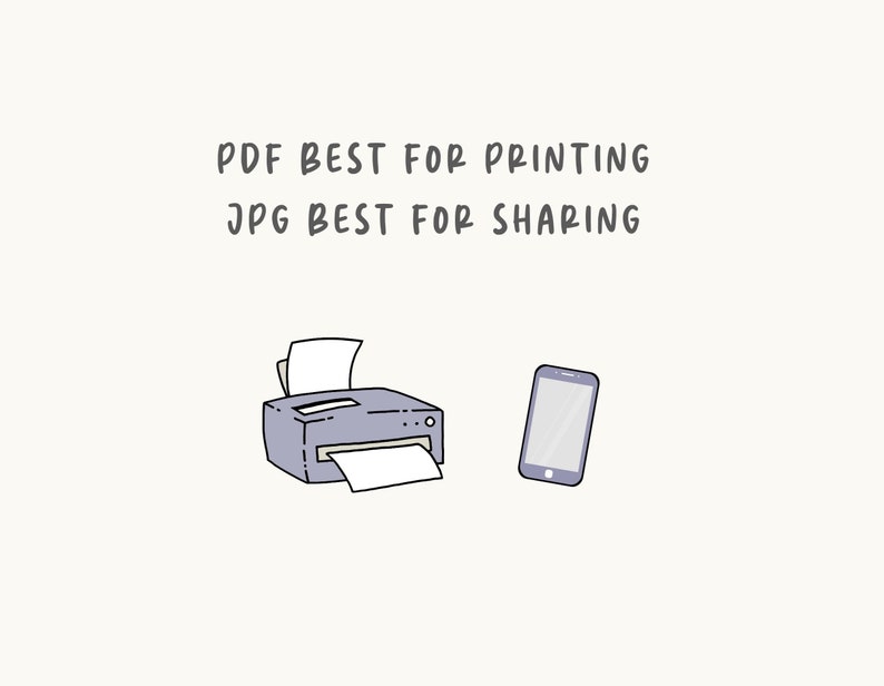 May include: A simple illustration of a printer and a smartphone with the text "PDF BEST FOR PRINTING JPG BEST FOR SHARING" above them.