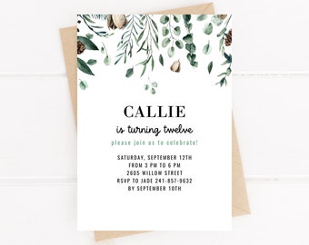 May include: A white invitation card with green watercolor foliage and a brown envelope. The text on the card reads "CALLIE is turning twelve please join us to celebrate! SATURDAY, SEPTEMBER 12TH FROM 3 PM TO 6 PM 2605 WILLOW STREET RSVP TO JADE 241-857-9632 BY SEPTEMBER 10TH"
