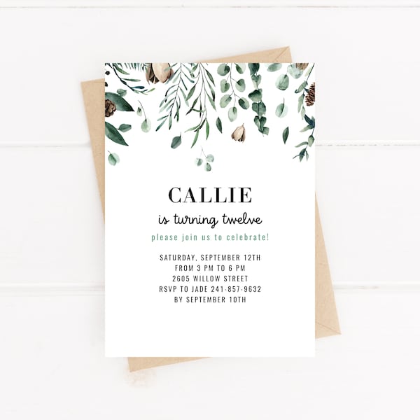 Birthday invitation template, nature theme, greenery leaves pine cones, Printable invite, neutral any age and gender, EDITABLE TEMPLATE