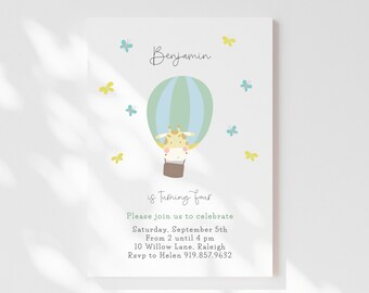 Birthday Invitation Template | Digital Download | 5x7 | Hot Air Balloon Invite | Printable Animal Party Invite | Editable in Corjl | Giraffe