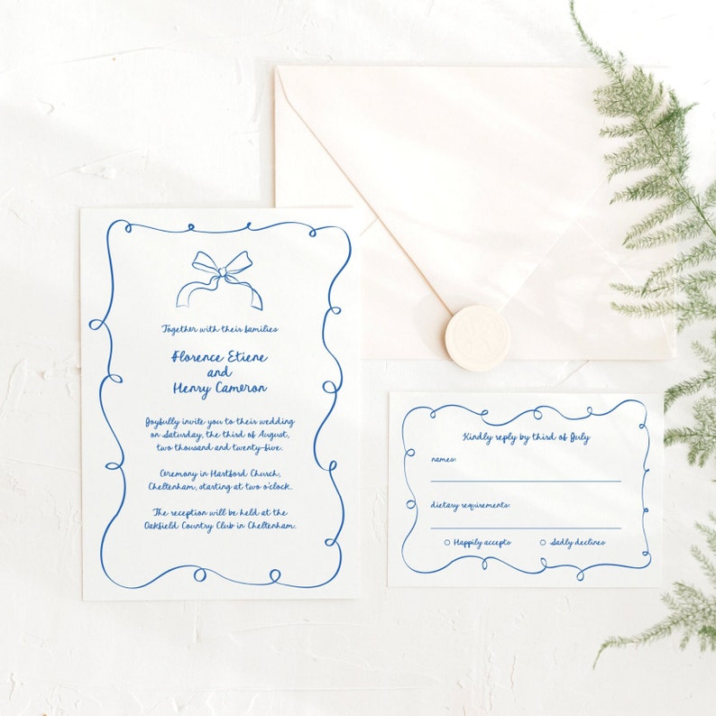 Bow Wedding Invitation Suite, Hand-Drawn Scribble Template, Editable Corjl, Handwritten Whimsical Invite RSVP Details Card, Blue Wavy Border image 3