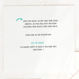 May include: White card with text in a teal font. The text includes instructions for Apple Pay users, a demo link, and a call to action to get in touch for questions. A teal arrow is also present.