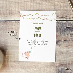 May include: A white invitation card with a floral garland border. The text reads "Join us to celebrate Jenna is turning Three. Saturday, September 14, 11 am 524 Lavigne Garden, Stowe Rsvp to Dana 919-782-7834". A cartoon mouse is blowing dandelion seeds.