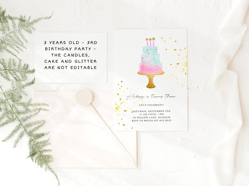 Birthday Invitation 3 Year Old | Birthday Template | Editable Invitation | Pink Birthday Cake | 3rd Party | Birthday Invite Girl | Printable bild 3