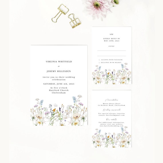 Wildflower Wedding Invitation Invitation Template Set of 3 