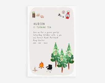 Camping Birthday Invitation, Bonfire Invitation, Autumn Campfire S'mores, 4x6 in, Campfire Invite, Fall Birthday Party Invitations, Editable