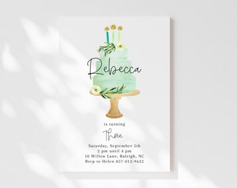 Cake Invitation, Birthday Invitation Template, Editable Corjl, Digital Download. 3rd Birthday Invitation, Three Candles Cake, Edit all text