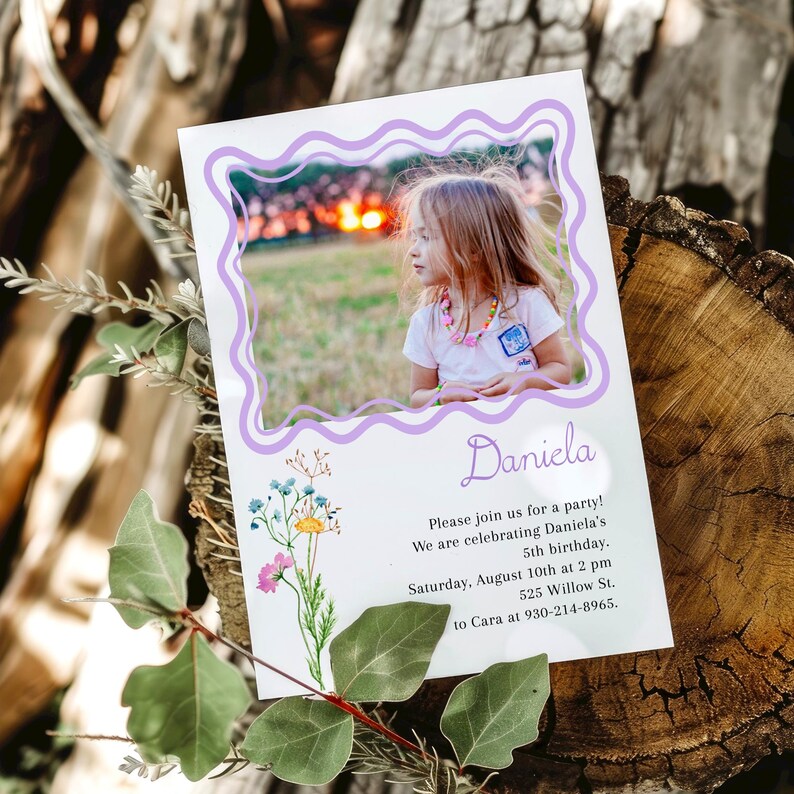 May include: Purple and white birthday invitation with a photo of a girl with blonde hair. The invitation says "Daniela" and includes the text "Please join us for a party! We are celebrating Daniela's 5th birthday. Saturday, August 10th at 2 pm 525 Willow St. to Cara at 930-214-8965."