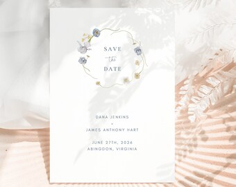 Blue Save the Date Template, Pastel Florals, Minimalist Save the Date Card, Editable Invitation Corjl, Modern Simple, Prairie Flowers, 019