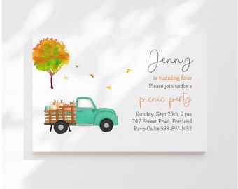 Fall Birthday invitation | Editable template Corjl | Fall harvest festival | Green truck, pumpkins, leaves | Digital download | 6x4 Invite