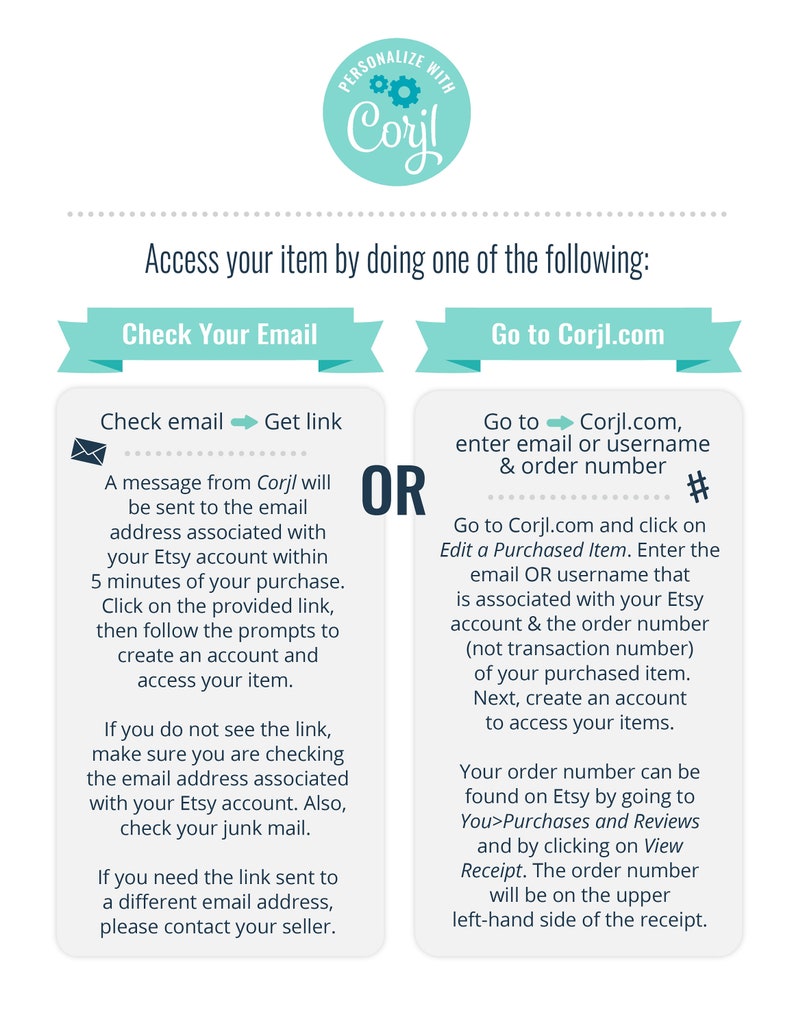 May include: A teal blue and white graphic with the text "Personalize with Corjl" in a circle with a gear icon. The graphic shows two options for accessing your item: "Check Your Email" and "Go to Corjl.com". The graphic includes instructions for accessing your item through email or by visiting the Corjl website.