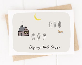 Happy Holidays Card | Printable Christmas Card | Scandi Style | Minimalistic | Fox Forest Cottage | 4 Printable Cards | Instant Download