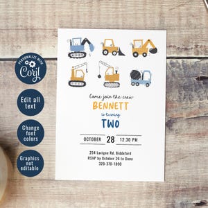 May include: A construction-themed birthday invitation with a yellow and blue color scheme. The invitation features illustrations of construction vehicles, including an excavator, bulldozer, crane, and cement mixer. The text on the invitation reads "Come join the crew Bennett is turning Two October 28 12.30 PM 254 Lavigne Rd, Biddeford RSVP by October 26 to Dana 320-370-1890".