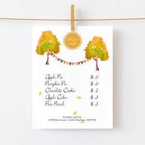 May include: A watercolour menu with two trees with orange and green leaves, a banner, and the text "Ask for a sample." The menu lists apple pie, pumpkin pie, chocolate cookie, apple cider, and pear punch.