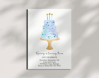 3rd Birthday Party Invitation, Editable Template Corjl, Blue Cake 3 Candles, Birthday Invitation Boy Three Year, Blue Stars Printable Invite