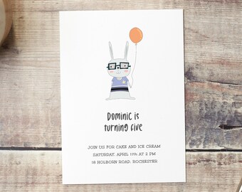 Bunny Birthday Invitation, Balloon Invitation Template, Minimal Invite, Rabbit Party Invite, Animal with Glasses, Birthday Template Download