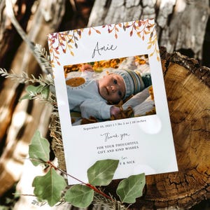 Autumn Birth Announcement Template, New Baby Photo Card, Printable Newborn Thank You Note, Colorful Fall Leaf Baby Card, Editable Template