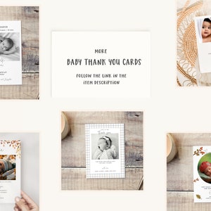 May include: A set of baby thank you cards with different designs. The cards feature photos of babies and have the text "Thank you" on them. The cards are on a wooden background.