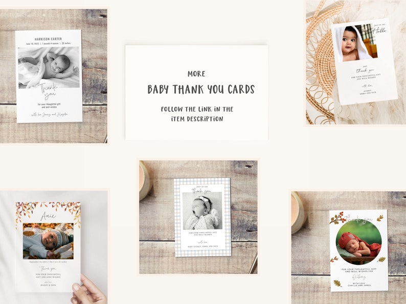 May include: A set of baby thank you cards with different designs. The cards feature photos of babies and have the text "Thank you" on them. The cards are on a wooden background.